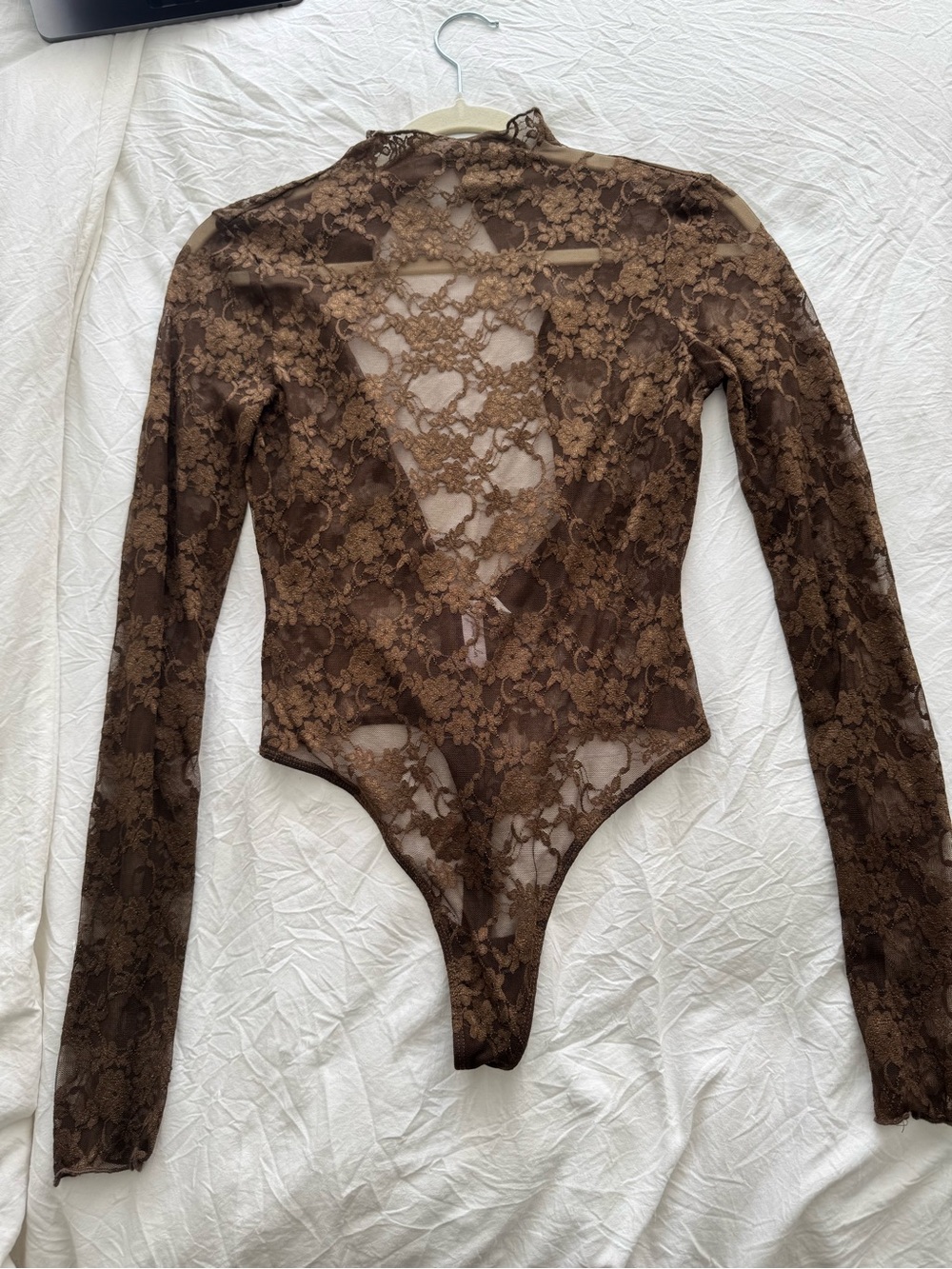Sheer Brown Lace Long-Sleeve Bodysuit